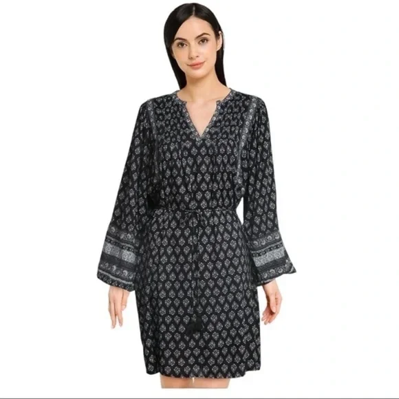 Old Navy boho Floral-Print Split-Neck Swing Blouson Sleeve Dress M - Picture 1 of 8